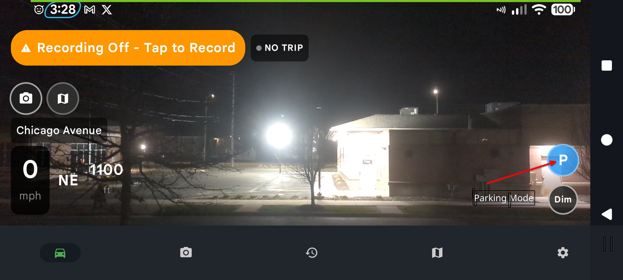 Phone Dashcam parking mode button — tap P icon to enable parking mode